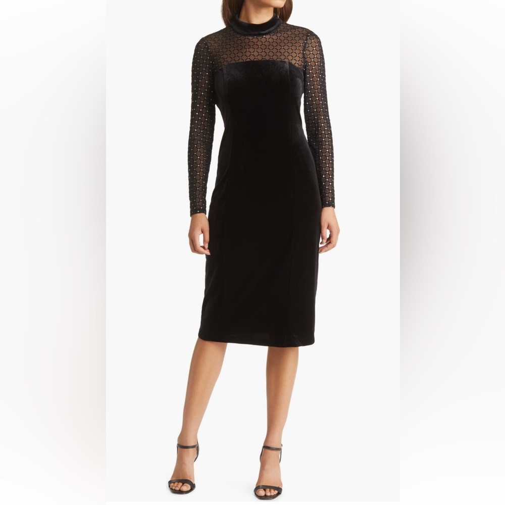 Eliza J Beaded Yoke Mixed Media Long Sleeve Dress Black 14